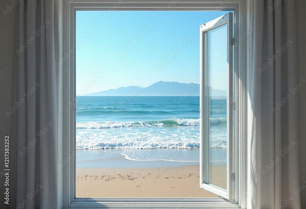 Open window view of beach and ocean with mountains in the background Open window view of beach and ocean with mountains in the background