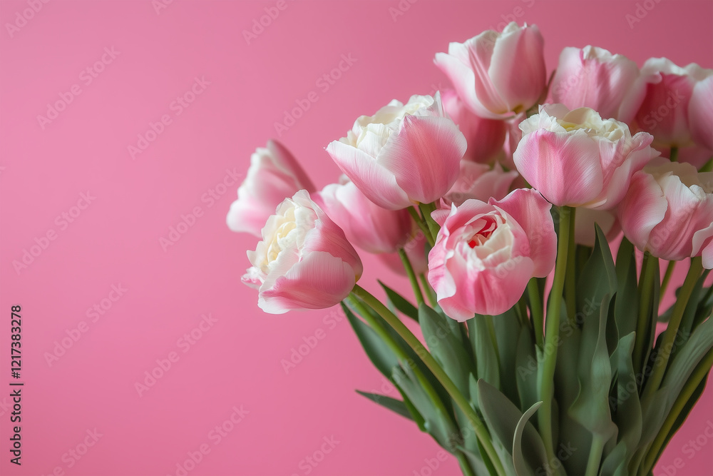 Obraz premium Beautiful Spring Floral Composition: Pink Tulip Bouquet on Pastel Pink Background for Valentine's Day, Birthday, Women's Day, or Mother's Day