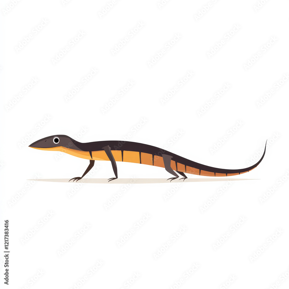 Fototapeta premium Black and orange lizard walking, side profile.