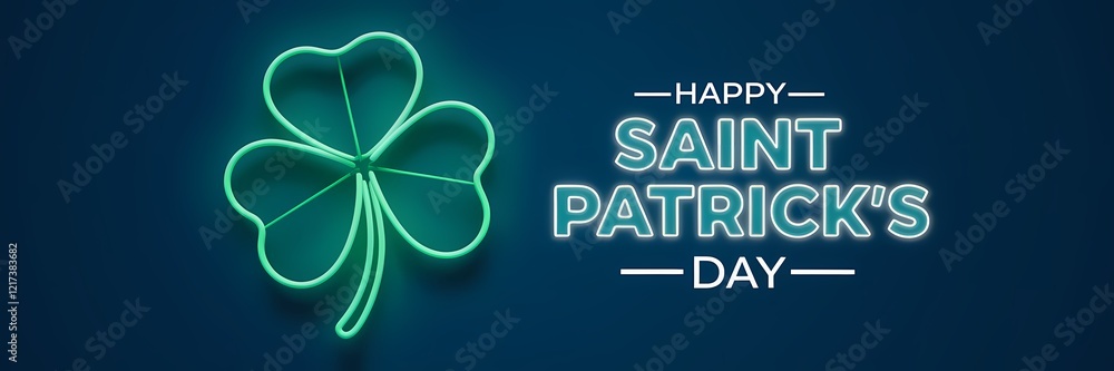 A creative minimalist saint patrick's day poster design with a neon theme. There is a 3D render of a shamrock with glowing green leaves. The text A creative minimalist saint patrick's day poster design with a neon theme. There is a 3D render of a shamrock with glowing green leaves. The text