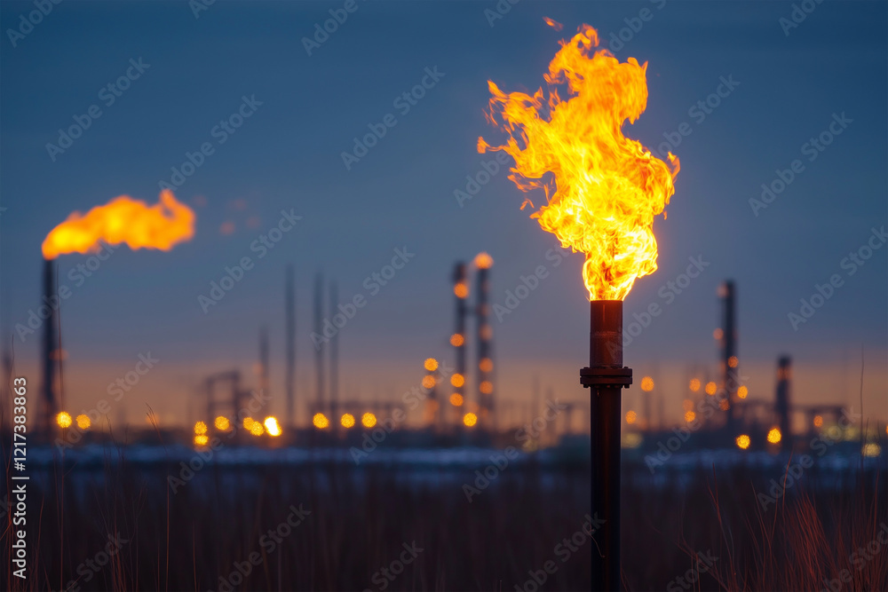 Obraz premium Industrial flames and smoke rising from refinery towers against a dark background