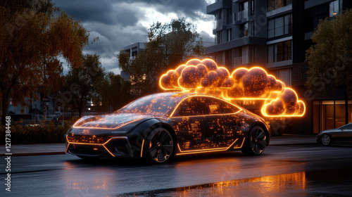 futuristic AI powered car emits glowing clouds, showcasing advanced technology in modern urban setting. scene captures innovation and creativity in automotive design
