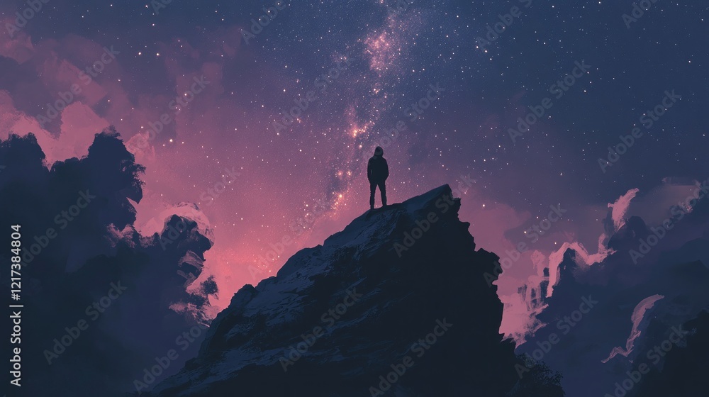 Fototapeta premium Solitary figure silhouetted against a vibrant night sky, standing atop a snow-capped mountain peak, gazing at the stars and milky way.