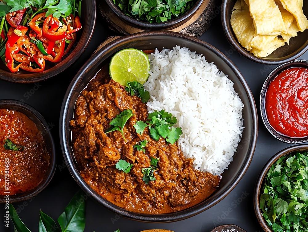 Rendang served familystyle in a large bowl, with a pile of freshly steamed rice in the center of the table Rendang served familystyle in a large bowl, with a pile of freshly steamed rice in the center of the table