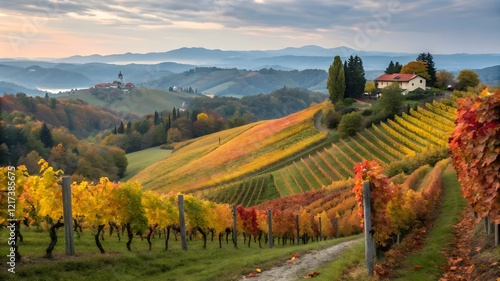 A picturesque autumn vineyard nestled in the rolling hills of Italy, showcasing vibrant fall colors and lush grapevines