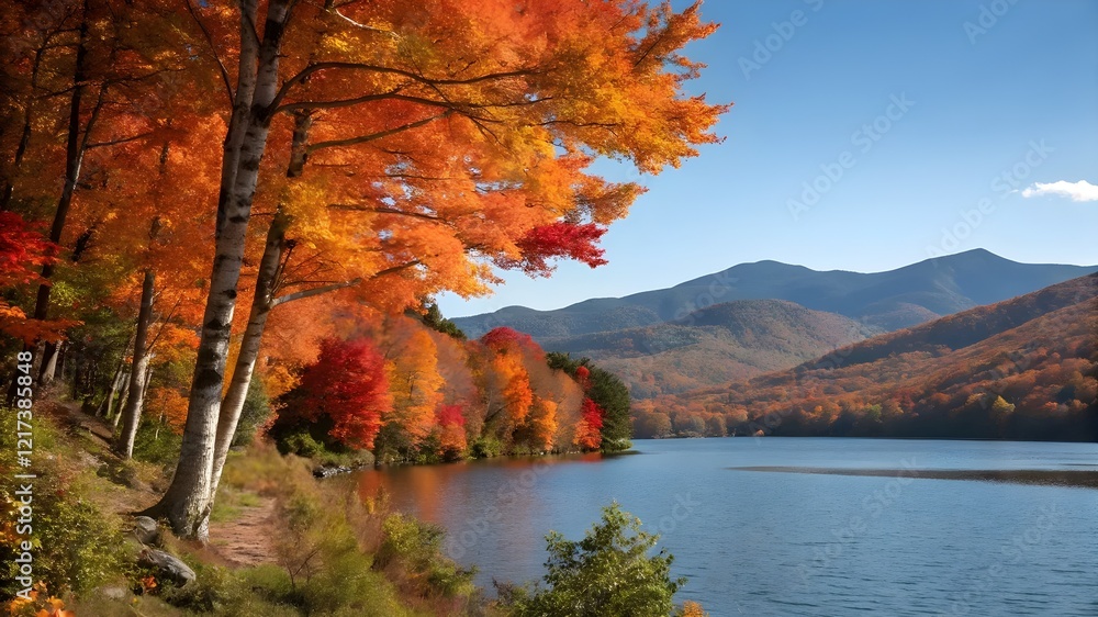 A serene lake reflecting vibrant autumn colors, surrounded by majestic mountains under a clear blue sky A serene lake reflecting vibrant autumn colors, surrounded by majestic mountains under a clear blue sky