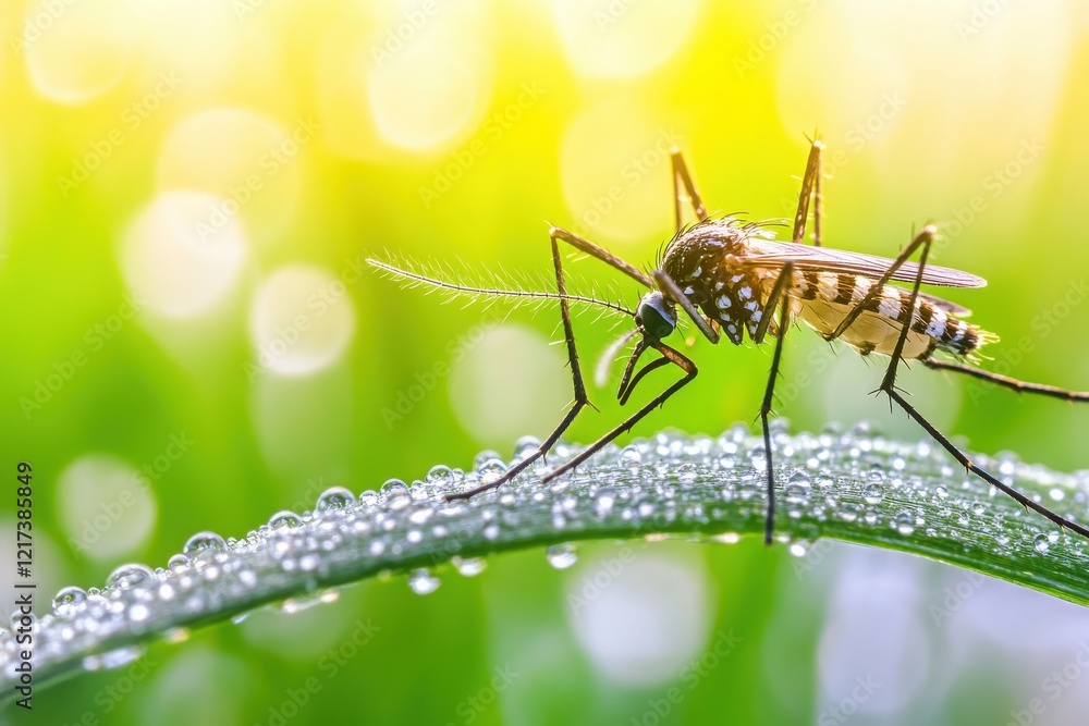 Mosquito feeding on dew-covered leaf Mosquito feeding on dew-covered leaf