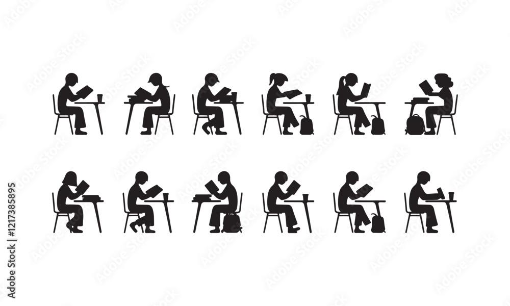 Set of Vector Silhouettes of Students Studying at Desks in Various Poses Set of Vector Silhouettes of Students Studying at Desks in Various Poses
