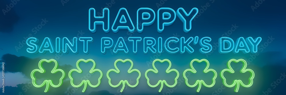 A 3D render of a creative minimalist Saint Patrick's Day poster design with a neon theme. The text 