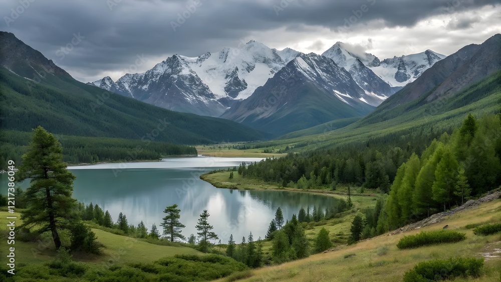 A serene lake nestled among majestic mountains and lush green trees, reflecting the beauty of nature A serene lake nestled among majestic mountains and lush green trees, reflecting the beauty of nature