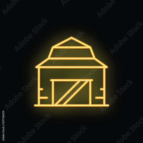 Yellow neon sign depicting a barn with a black background