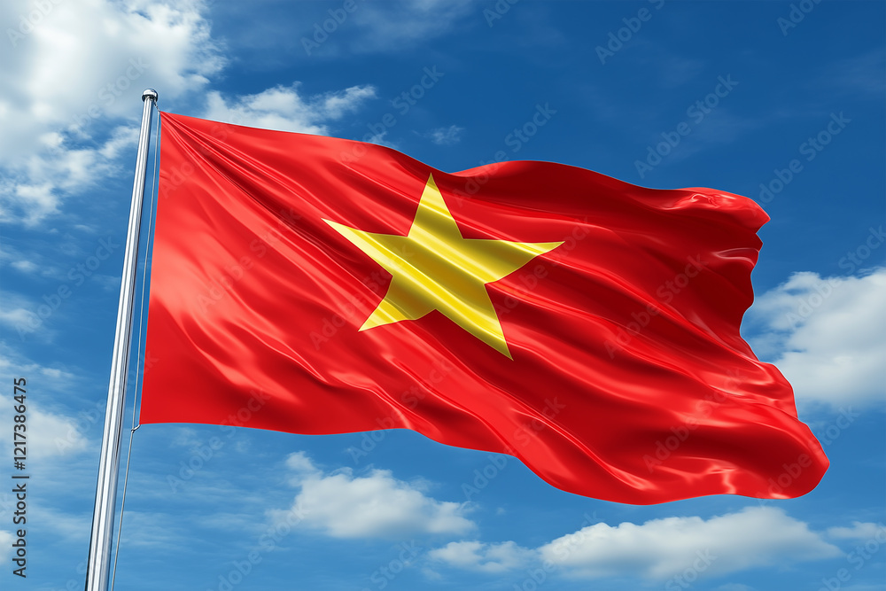 Naklejka premium Vietnamese National Flag Waving Against a Clear Blue Sky