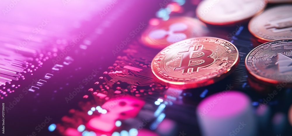 Close-up of cryptocurrency coins on a digital trading chart background Close-up of cryptocurrency coins on a digital trading chart background