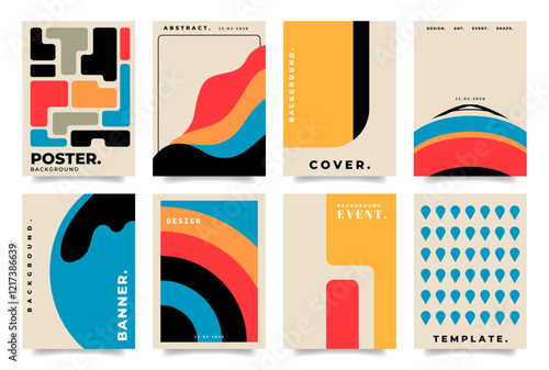 Colorful abstract geometric background template set. Modern art poster design collection. Rectangle, fluid shapes, and curved forms cover design.
