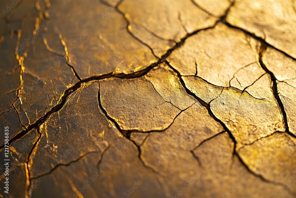 Fototapeta premium Golden cracked earth texture in sunlight highlighting surface patterns