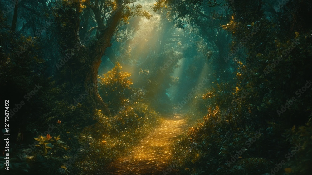 Sunbeams illuminate a mystical path through a lush, verdant forest. Sunbeams illuminate a mystical path through a lush, verdant forest.