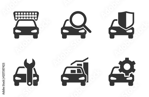 Car diagnostics icons set for OBD devices. In monochrome style