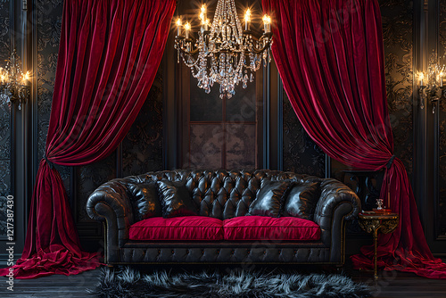 Red velvet sofa victorian style. Generative AI