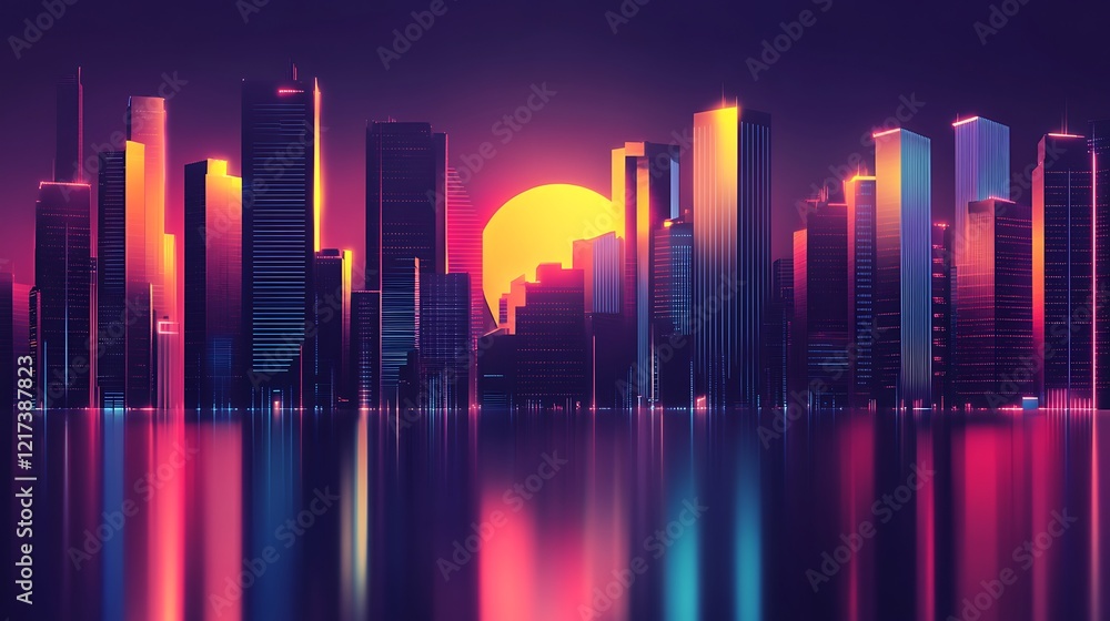 Fototapeta premium A vibrant city skyline at sunset, reflecting colorful lights on water.