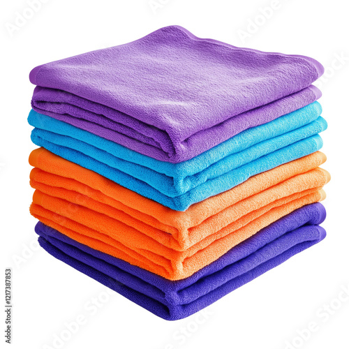A neatly stacked pile of microfiber towels in vibrant orange, purple, and blue shades, isolated on a transparent background 
