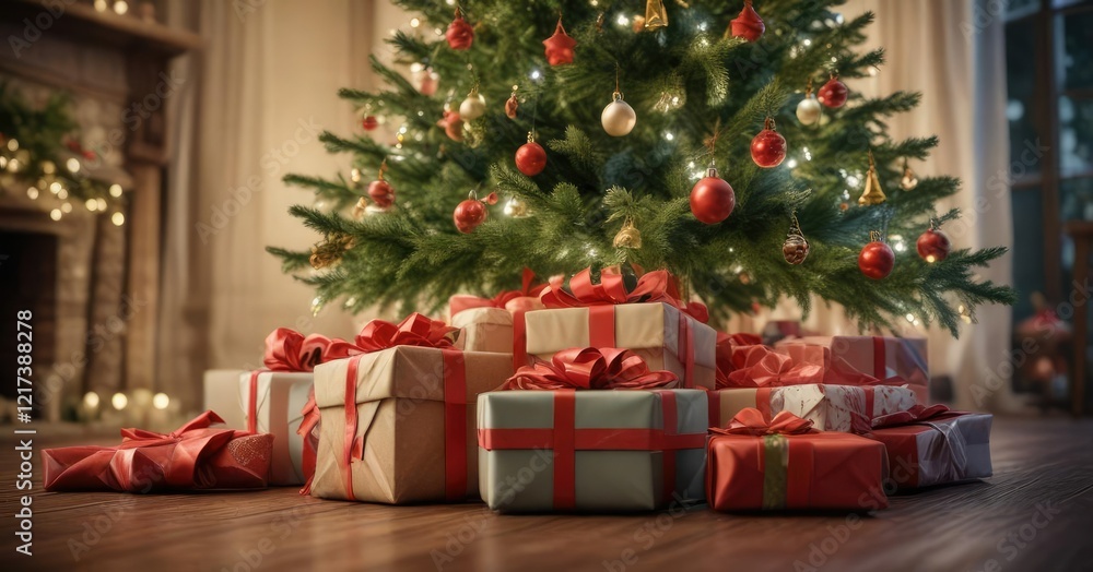 Gift-wrapped presents under the Christmas tree, cozy home ambiance , merry moment Gift-wrapped presents under the Christmas tree, cozy home ambiance , merry moment