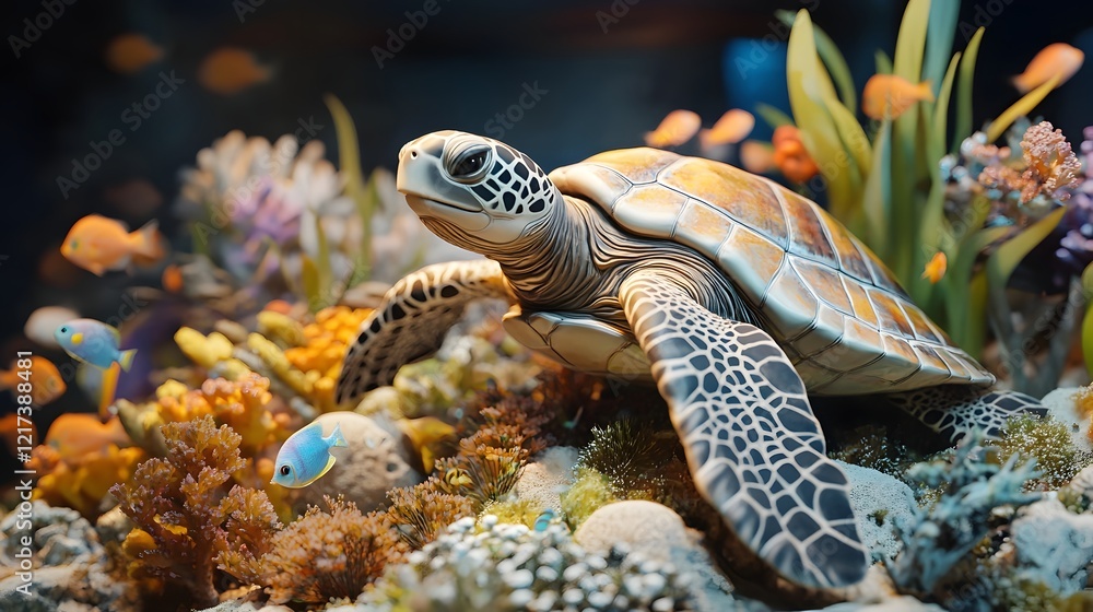 Obraz premium Playful 3D Sea Turtle Exploring Vibrant Coral Reef with Tropical Fish