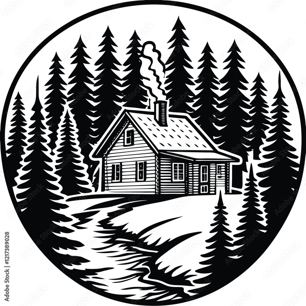 Mountain Cabin With Pines
A rustic mountain cabin surrounded by tall pine trees and a small creek, illustrated in line art. Adobe Illustrator Artwork Mountain Cabin With Pines
A rustic mountain cabin surrounded by tall pine trees and a small creek, illustrated in line art. Adobe Illustrator Artwork