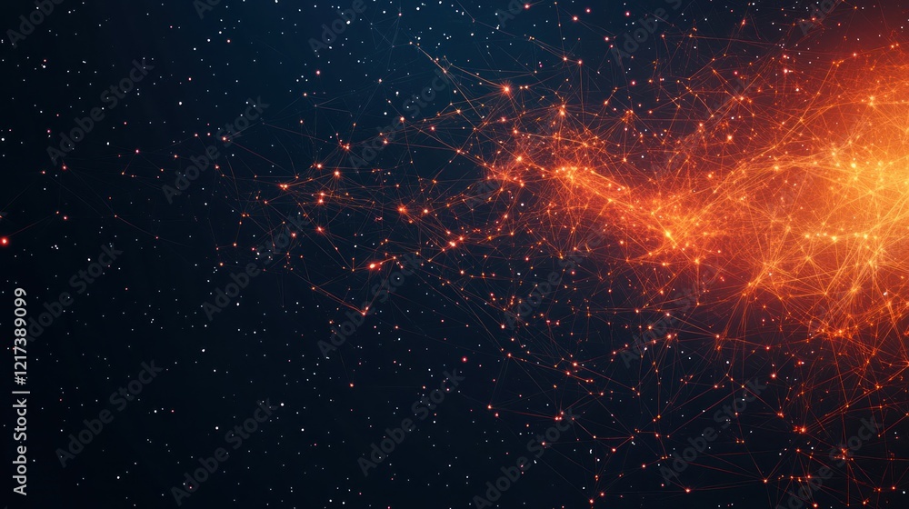 Obraz premium Abstract fiery nebula with glowing particles and lines.