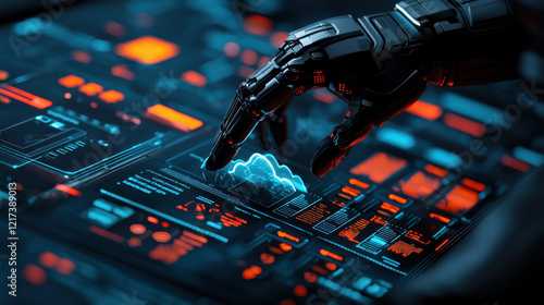 robotic hand interacting with holographic cloud interface, showcasing advanced technology and data management. scene is illuminated with blue and orange tones, creating futuristic atmosphere