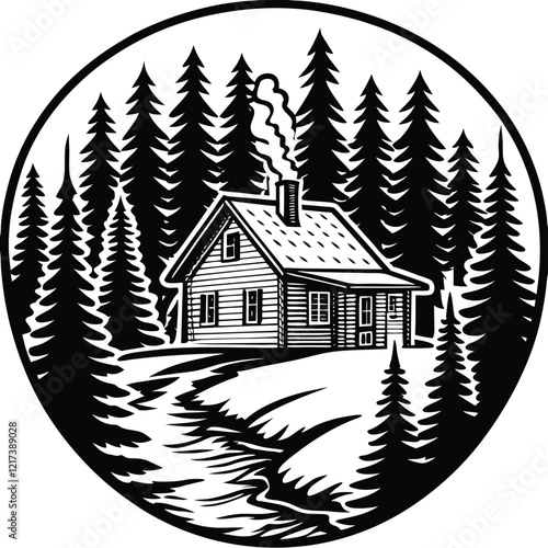 Mountain Cabin With Pines
A rustic mountain cabin surrounded by tall pine trees and a small creek, illustrated in line art. Adobe Illustrator Artwork
