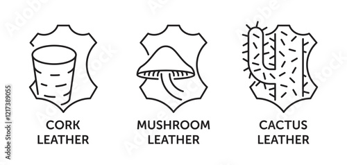 Plant based leather icons set - Cork, Mushrooms and Cactus leather, in thin line