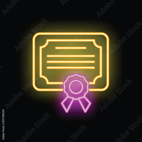 Neon sign glowing in the dark with an official certificate with a stamp and ribbon decoration