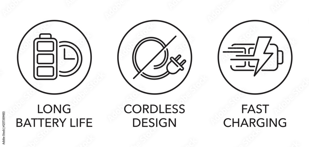 Battery powered device icons - Long life, Cordless design, Fast charging Battery powered device icons - Long life, Cordless design, Fast charging