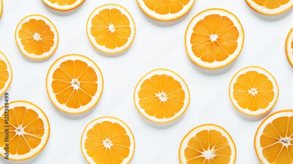 Orange Slices Arranged Artfully on a White Background, Perfect for Food Photography, Culinary Arts, and Healthy Living Promotions Orange Slices Arranged Artfully on a White Background, Perfect for Food Photography, Culinary Arts, and Healthy Living Promotions