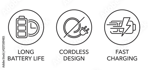 Battery powered device icons - Long life, Cordless design, Fast charging