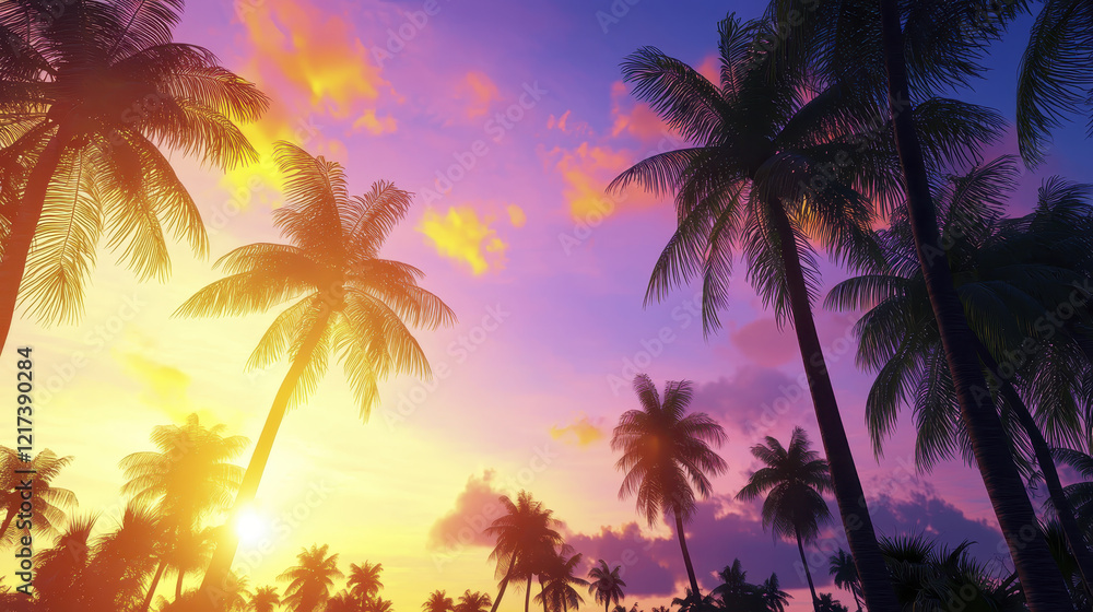 Naklejka premium stunning tropical sunset with palm trees silhouetted against colorful sky