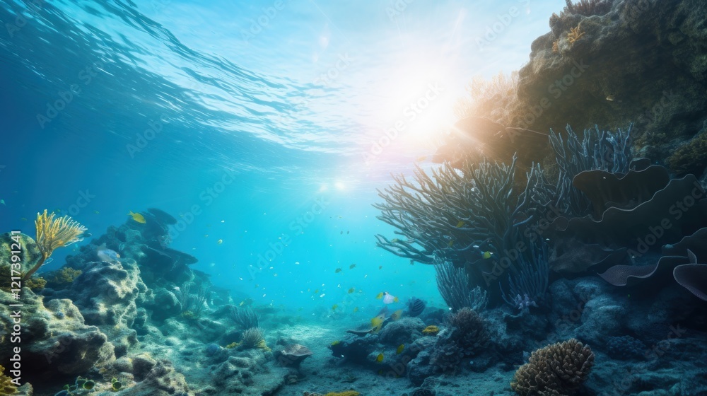 Naklejka premium Underwater Scene with Coral Reefs and Sunlight Filtering Through Crystal Clear Ocean Waters, Capturing the Beauty of Marine Life in Natural Habitat