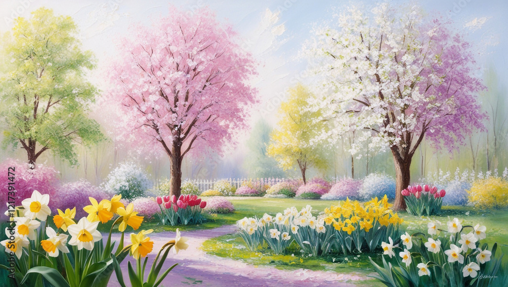 Obraz premium Stylized watercolor background with spring nature in the garden
