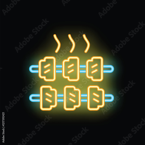 Neon sign depicting two skewers of meat grilling on a barbecue, representing a restaurant or food stall