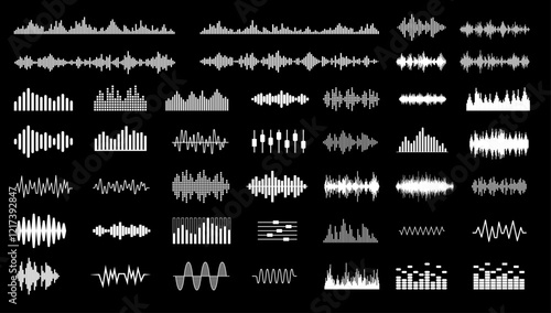Vector sound waves - Set of audio music illustration graphics and symbols showing spectrum waveform and various equaliser icons and elements in black colour on white background