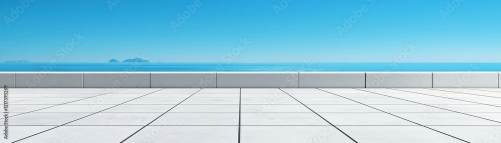Obraz premium Minimalist Seascape Ocean View from White Tile Terrace, Seascape Photography, Minimalist Design Seascape, Minimalism