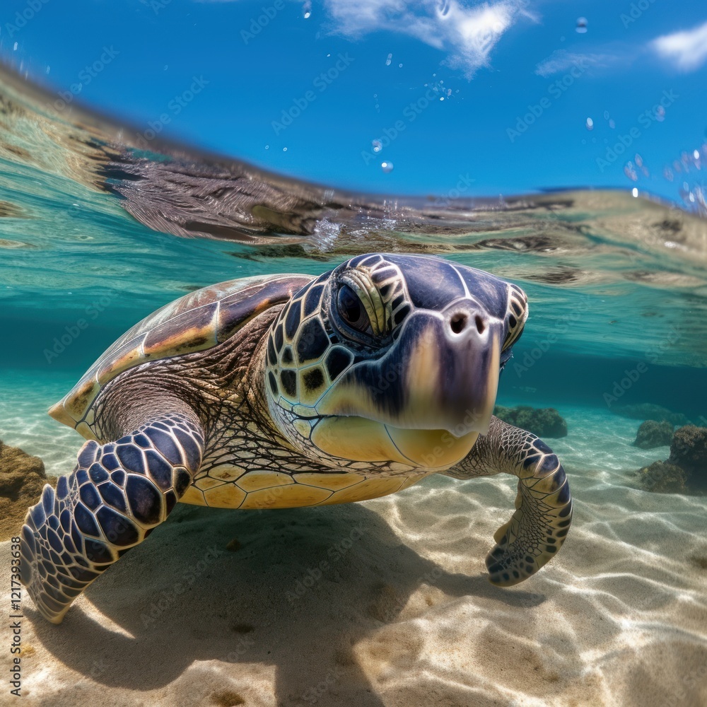 Obraz premium Sea Turtle Swimming Gracefully Underwater in Clear Tropical Waters with Lush Coral Reef and Sunlight Filtering Through the Surface