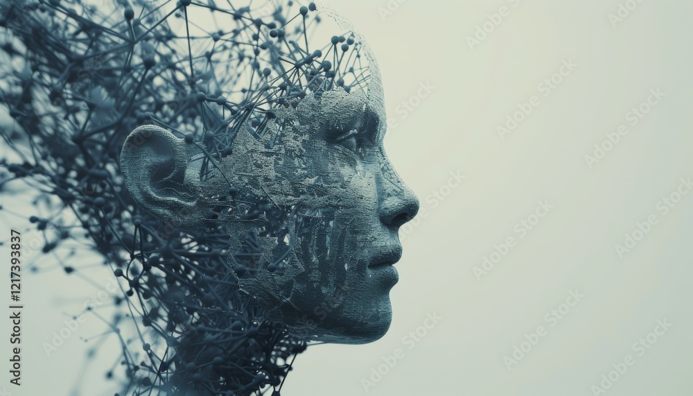 A digital representation of a human face made from intricate network-like structures, blending technology and art. A digital representation of a human face made from intricate network-like structures, blending technology and art.