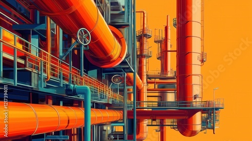 A large orange and blue industrial pipe structure with a yellow railing