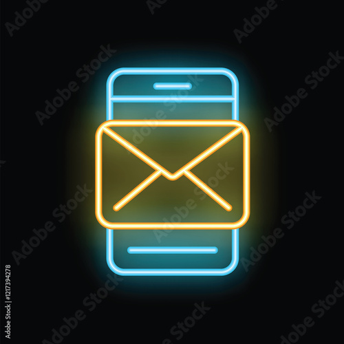 Bright neon sign showing a smartphone displaying an email notification icon on a black background