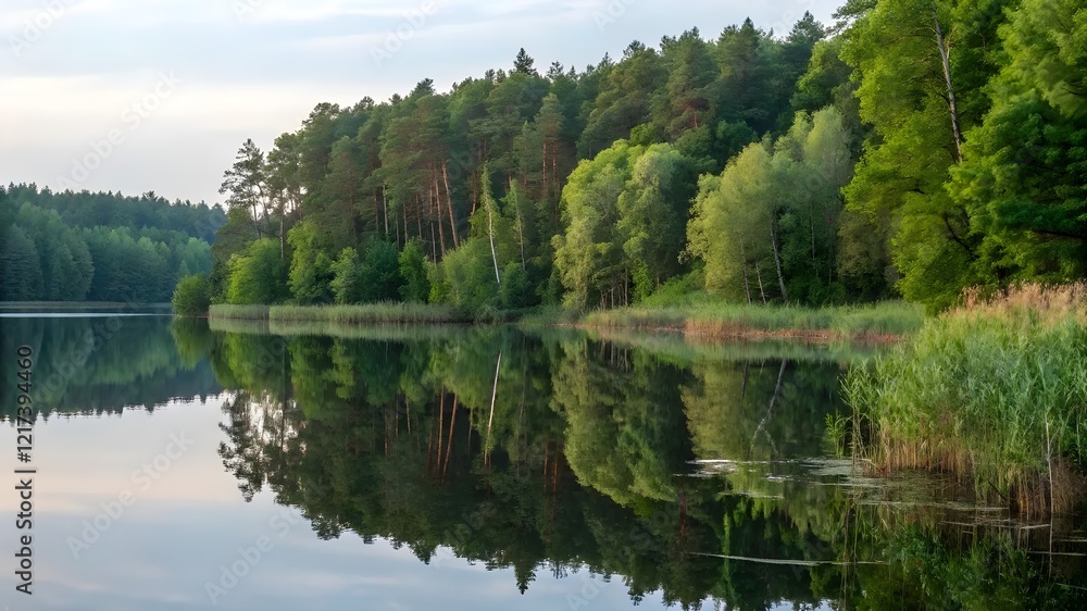 Obraz premium Misty morning over a calm lake, framed by lush trees, evoking a sense of tranquility and natural beauty