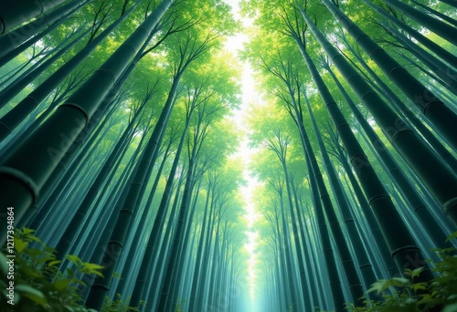 Tall bamboo trees angled upward reaching sunlit sky photo