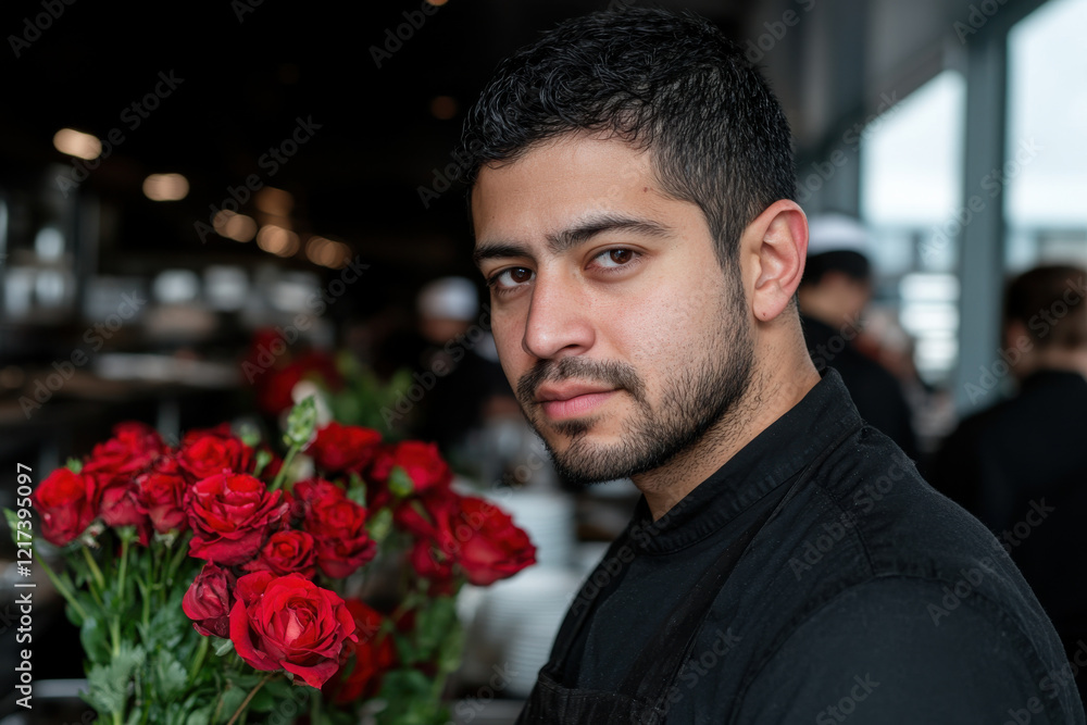 A man with a beard and a black shirt stands in front of a vase of red roses A man with a beard and a black shirt stands in front of a vase of red roses