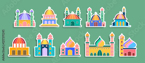 Cute and colorful mosque sticker collection. Islamic prayer building for Ramadan or eid mubarak illustration bundle.