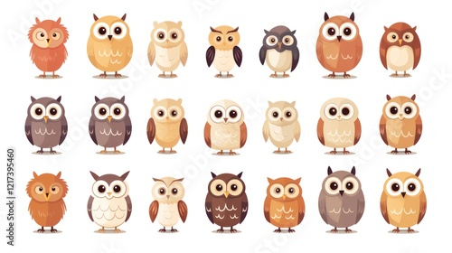 Collection of Cartoon Owls Elements in Various Poses and Colors, Perfect for Illustrations, Children’s Books, Animations, and Nature-Themed Designs